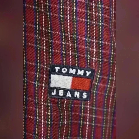 90s TOMMY HILFIGER JEANS Blue Cotton Chambray  Patchwork Oversized Shirt Medium - Picture 2 of 9